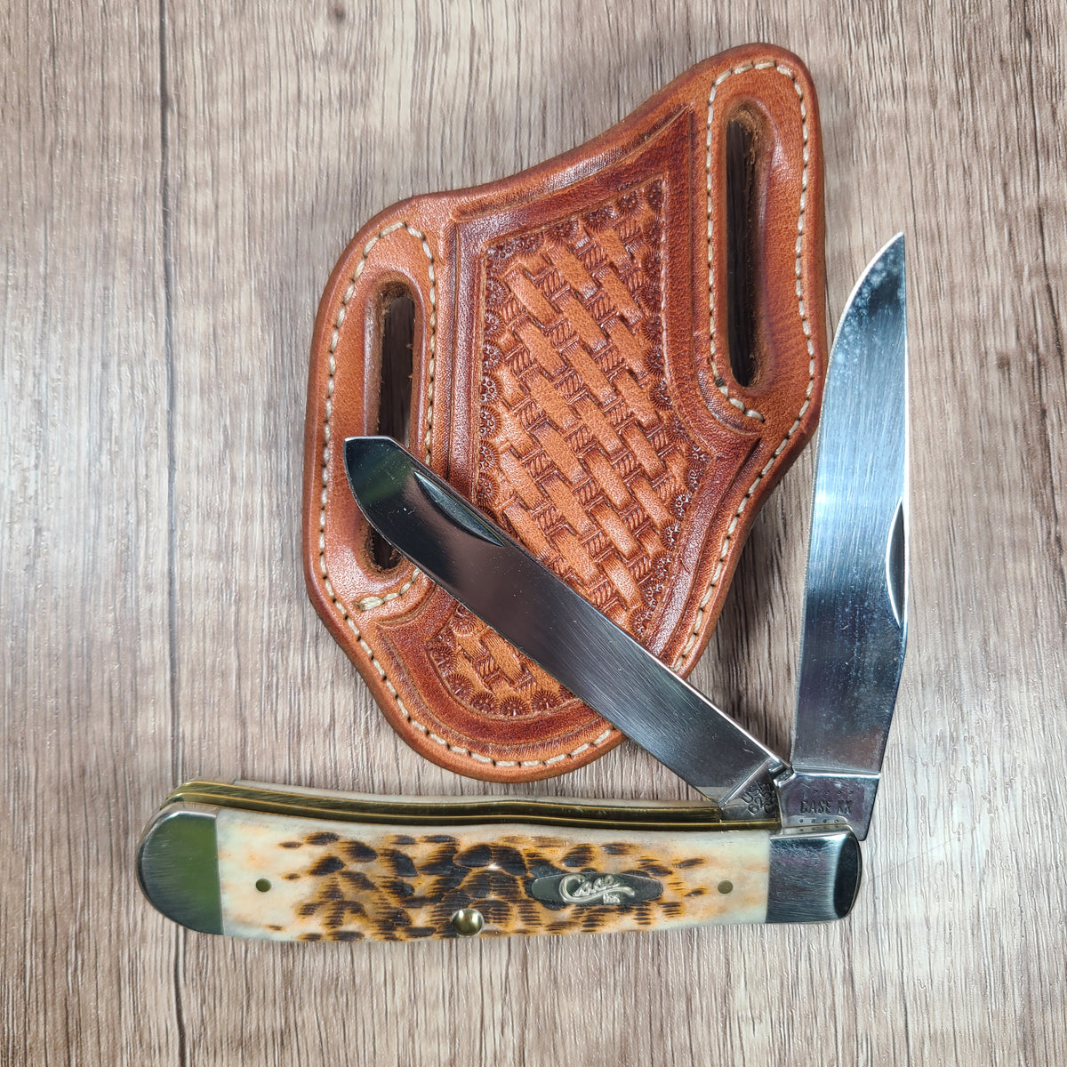 Basket Stamped Leather Sheath with Case Trapper In Stock Bbrosleather