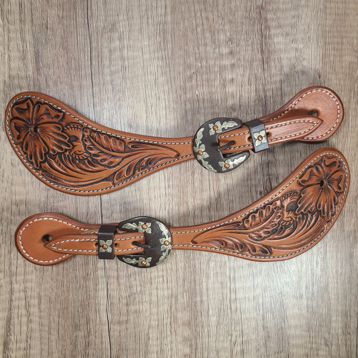 Showman Ladies Leather Spur Straps | Tooled Flowers Teal Whip Stitch
