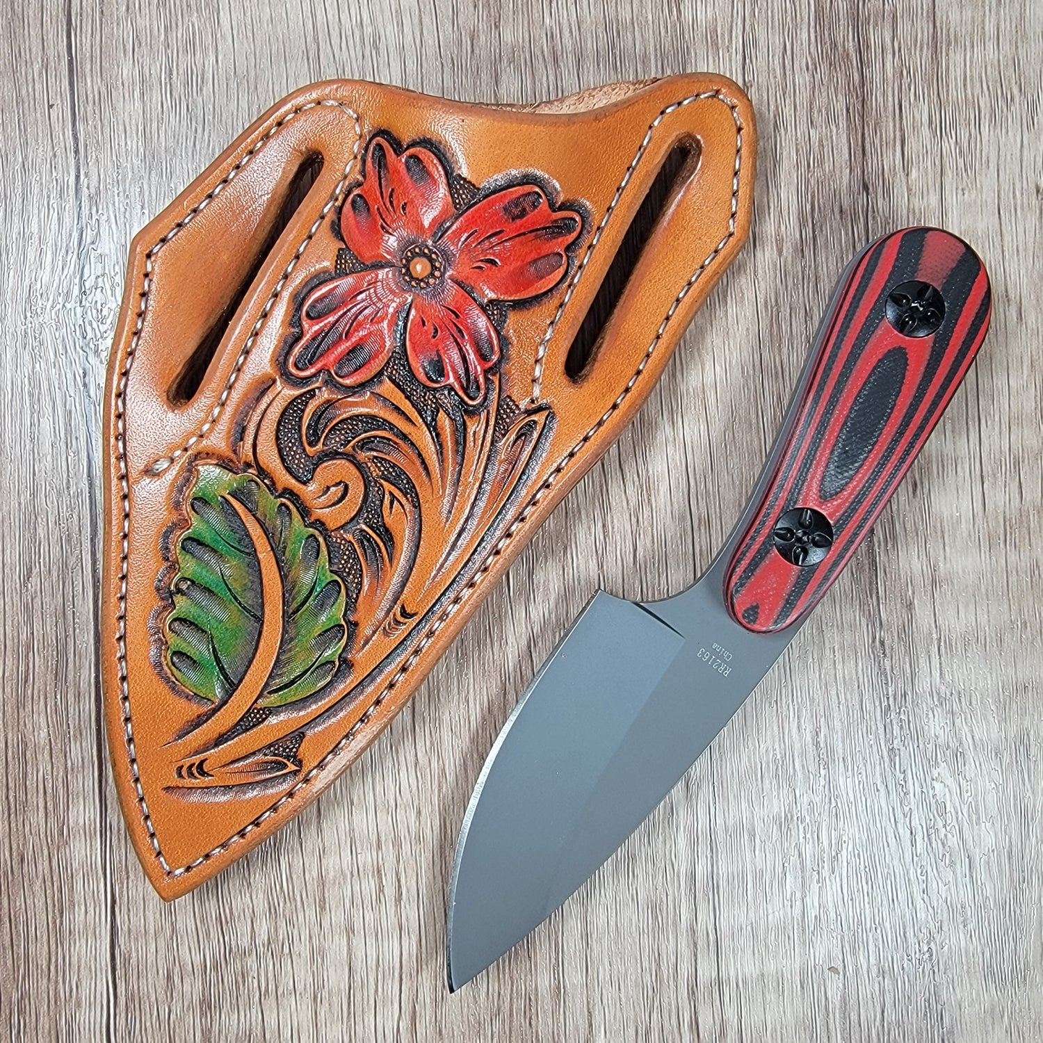 Floral Tooled Pancake Sheath and G10 Rough Ryder - In Stock