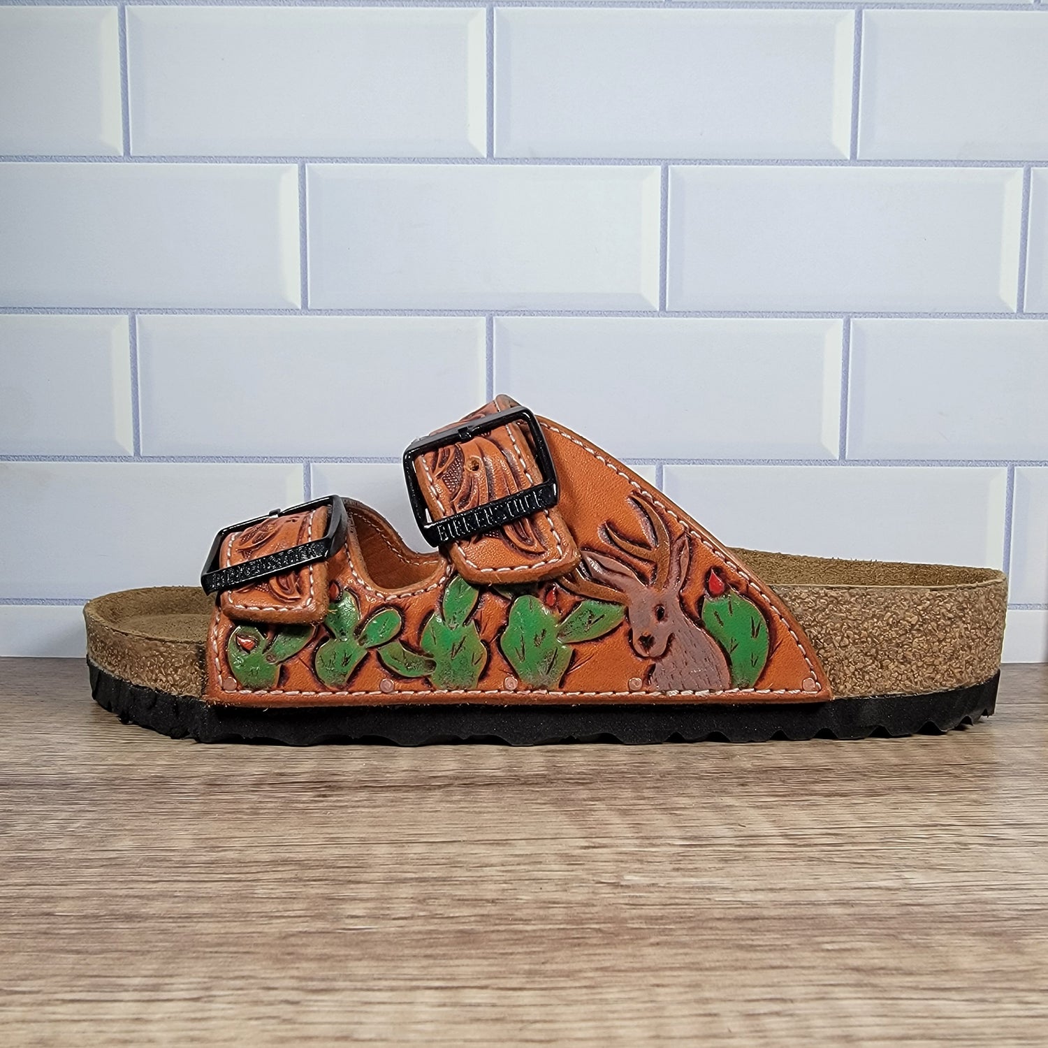 Floral with Desert Design Tooled Leather Sandal - In Stock