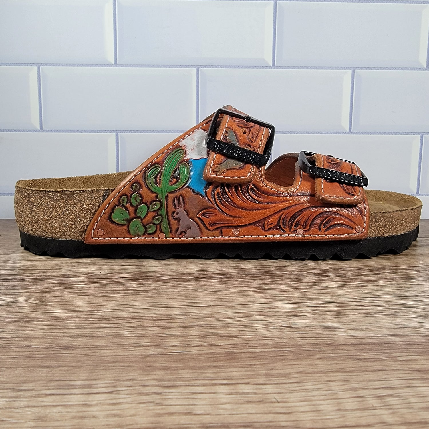 Floral with Desert Cactus Design Tooled Leather Sandal - In Stock