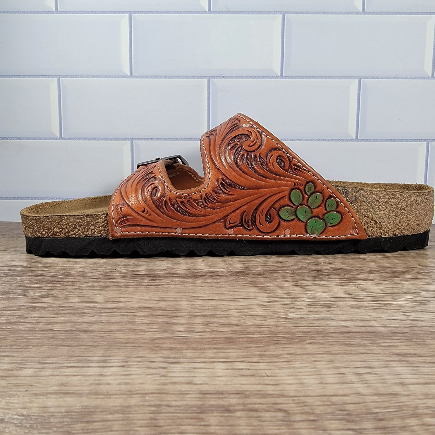 Floral with Desert Cactus Design Tooled Leather Sandal - In Stock