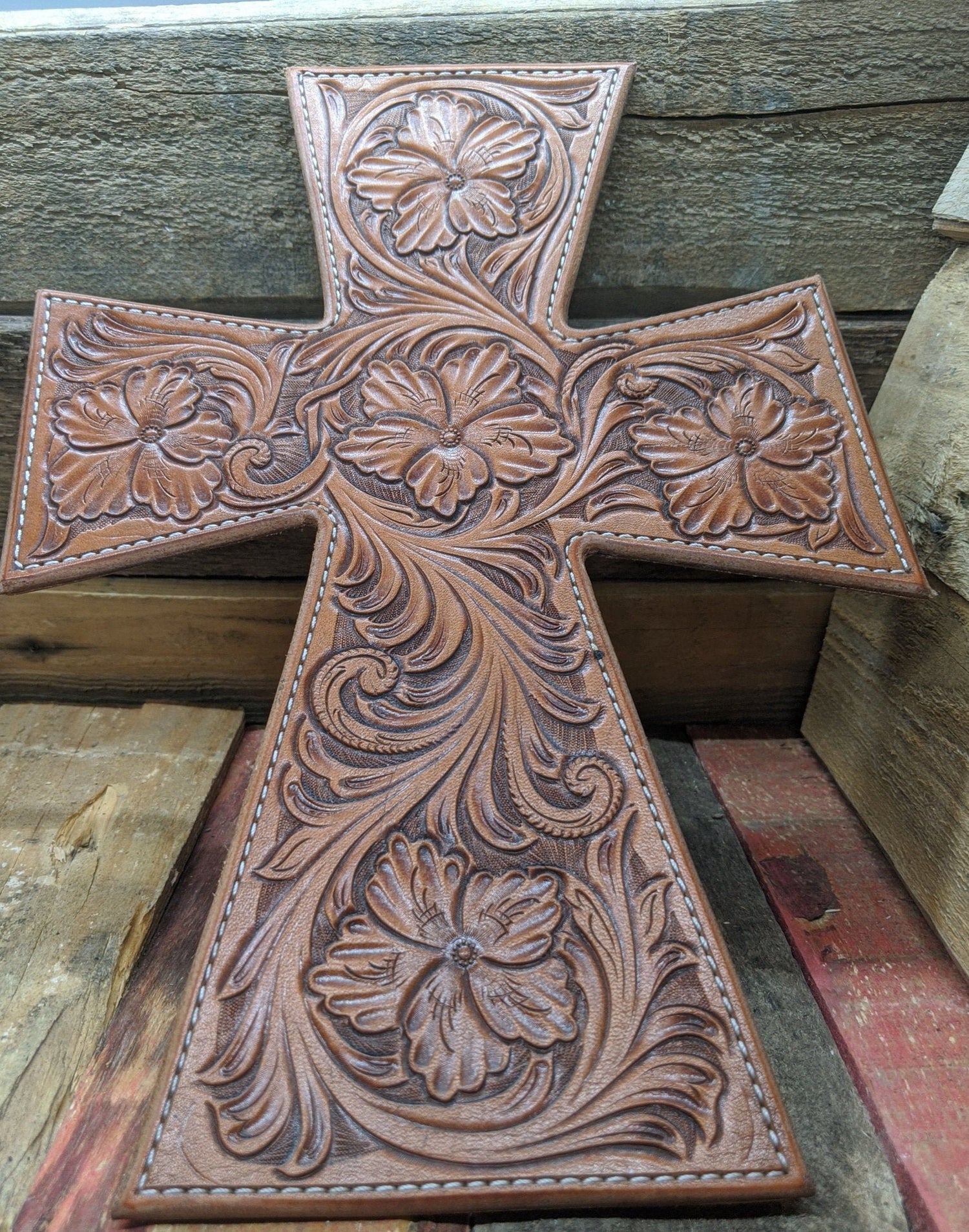 Floral Carved Leather Wall Hanging Cross