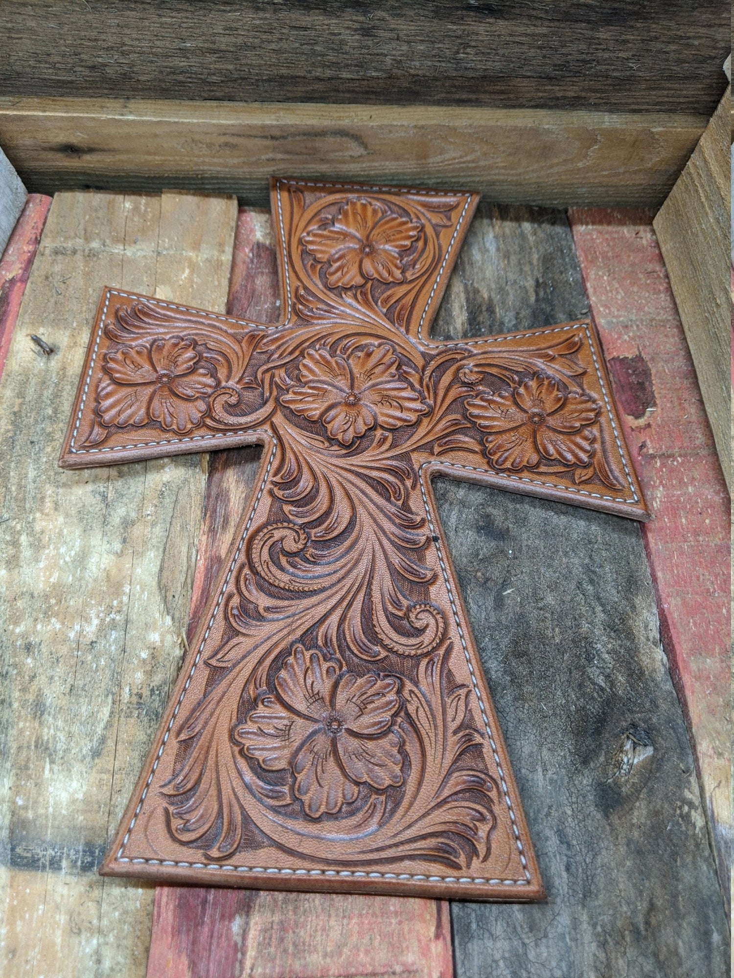 Floral Carved Leather Wall Hanging Cross