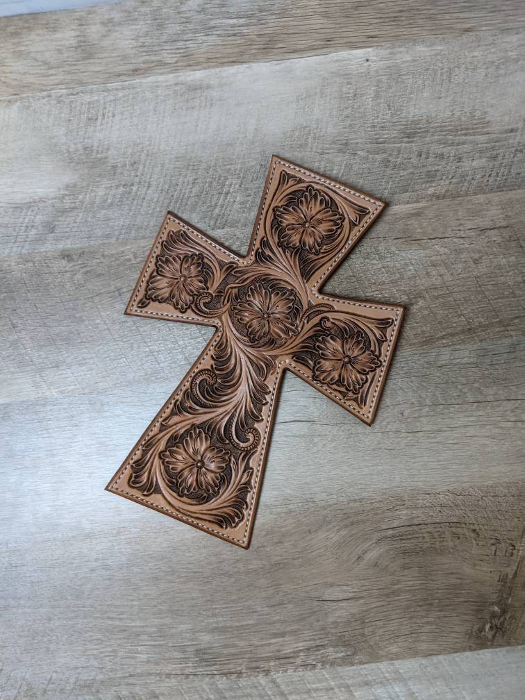 Floral Carved Leather Wall Hanging Cross
