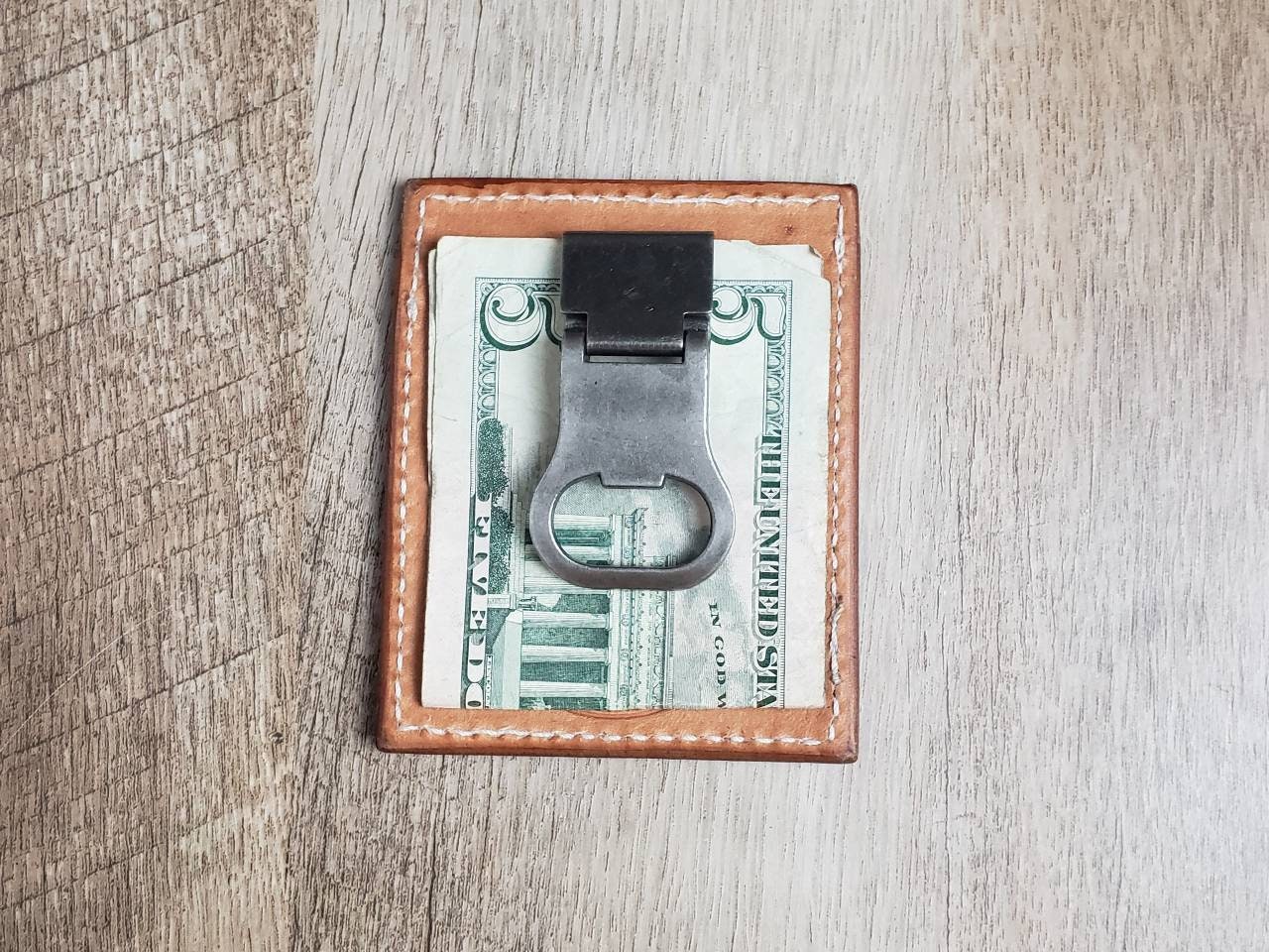 Basket Stamped Leather Card Wallet with Attached Metal Money Clip