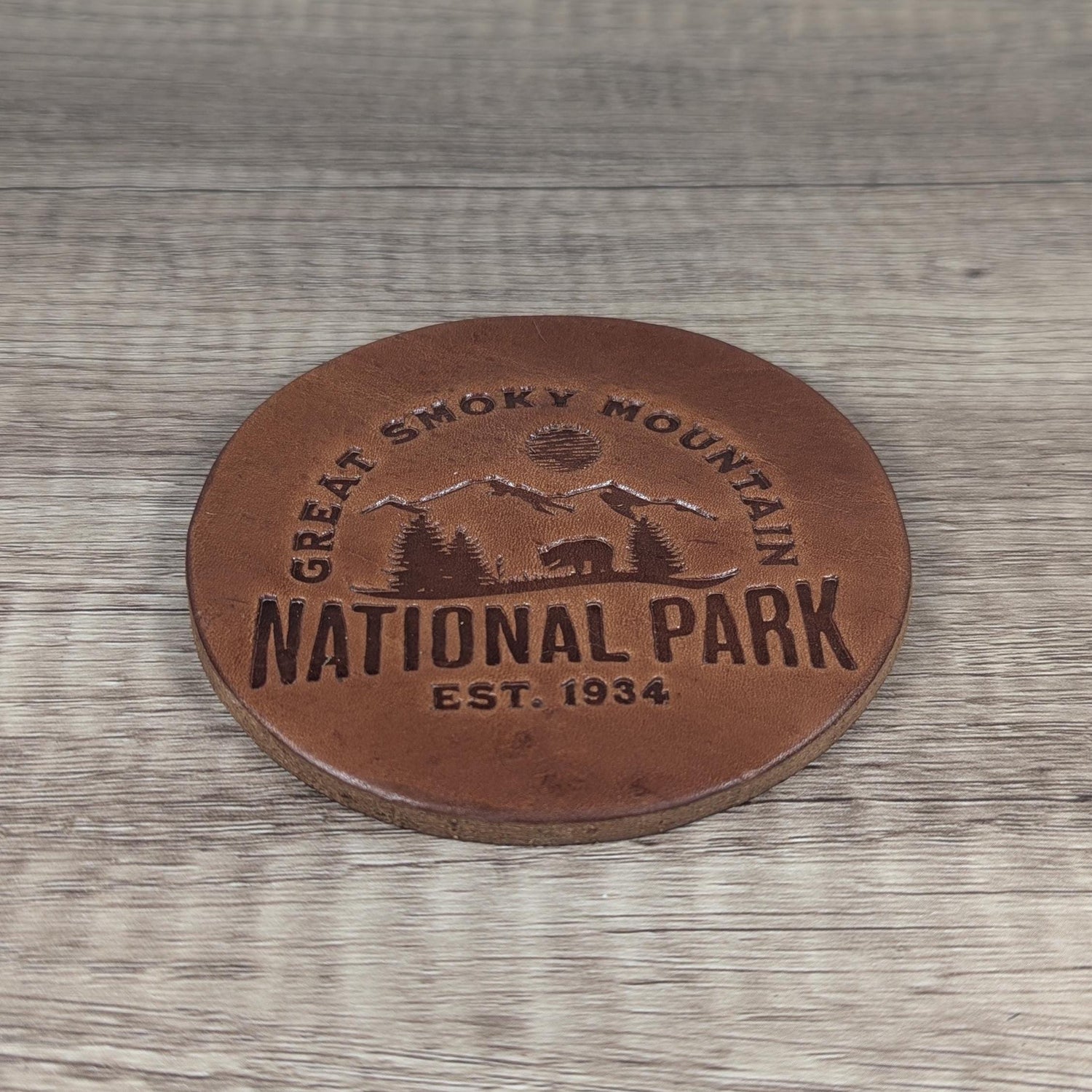 Great Smoky Mountains Leather Coasters - Set of 4 Handmade Bear and Mountain Design Great Smoky Mountains National Park