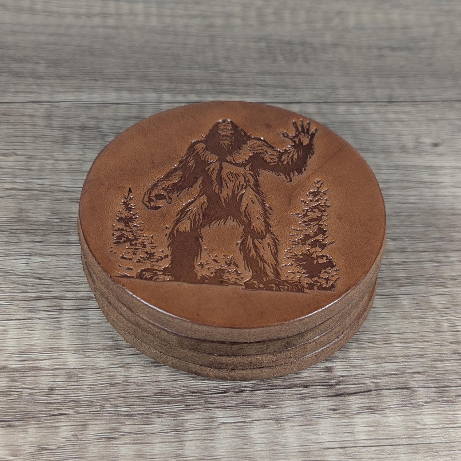 Bigfoot Leather Coasters - Set of 4 Handmade Embossed Coasters - Rustic Home Décor