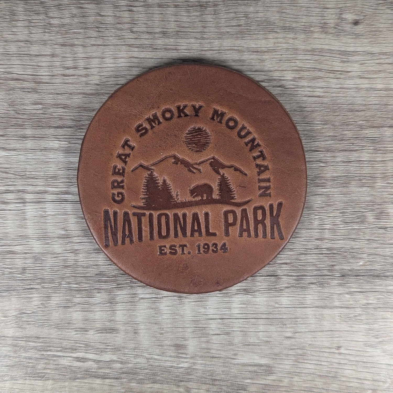 Great Smoky Mountains Leather Coasters - Set of 4 Handmade Bear and Mountain Design Great Smoky Mountains National Park