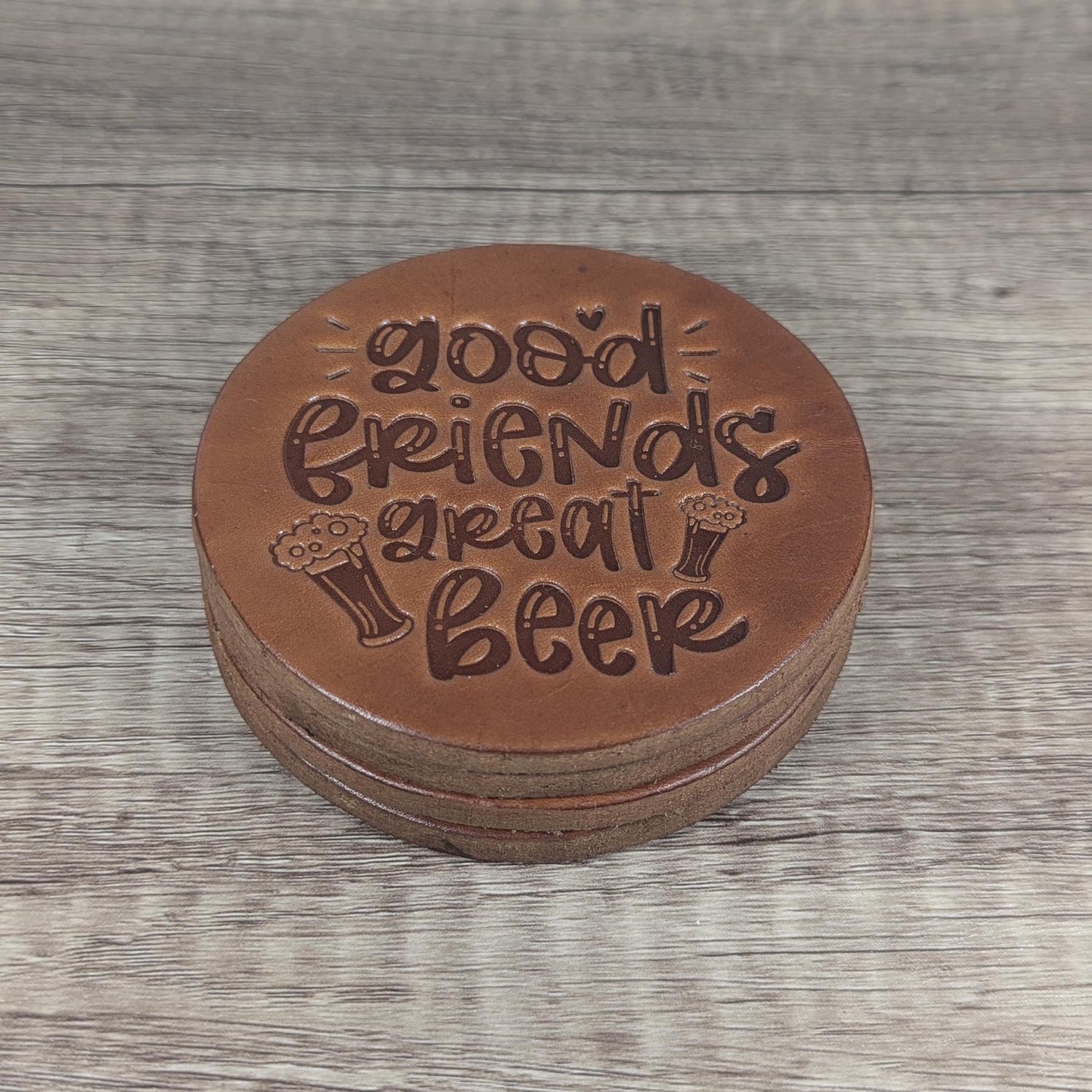 Good Friends Great Beer Leather Coasters - Set of 4 Handmade Embossed Coasters