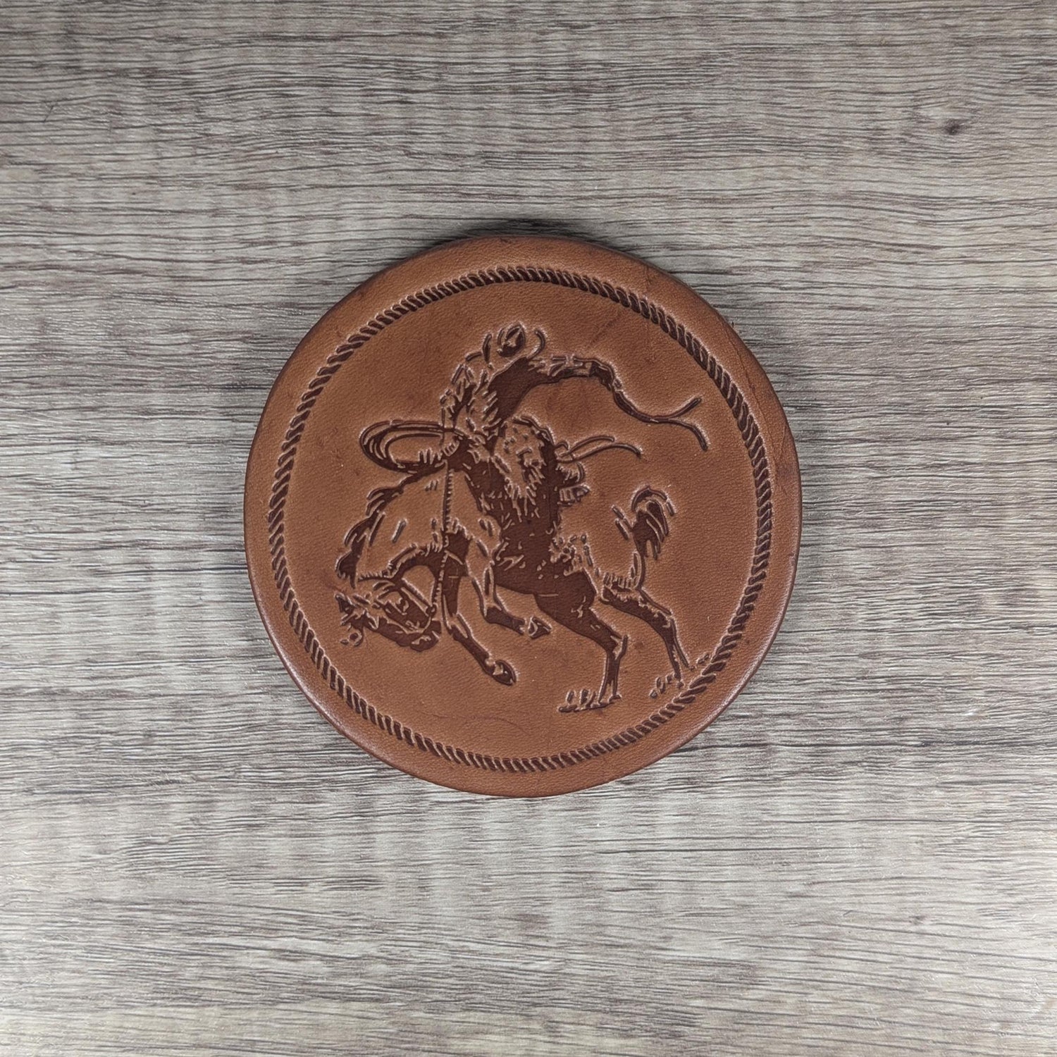 Bucking Horse Leather Coasters - Set of 4 Handmade Embossed Coasters with Rope Border