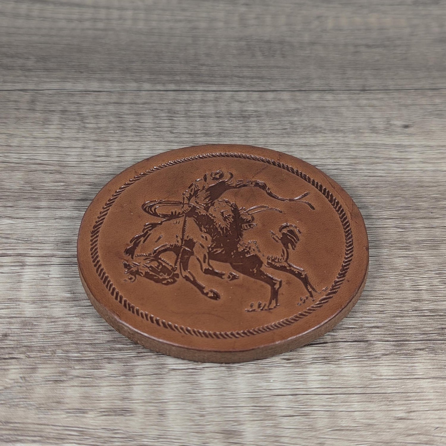 Bucking Horse Leather Coasters - Set of 4 Handmade Embossed Coasters with Rope Border
