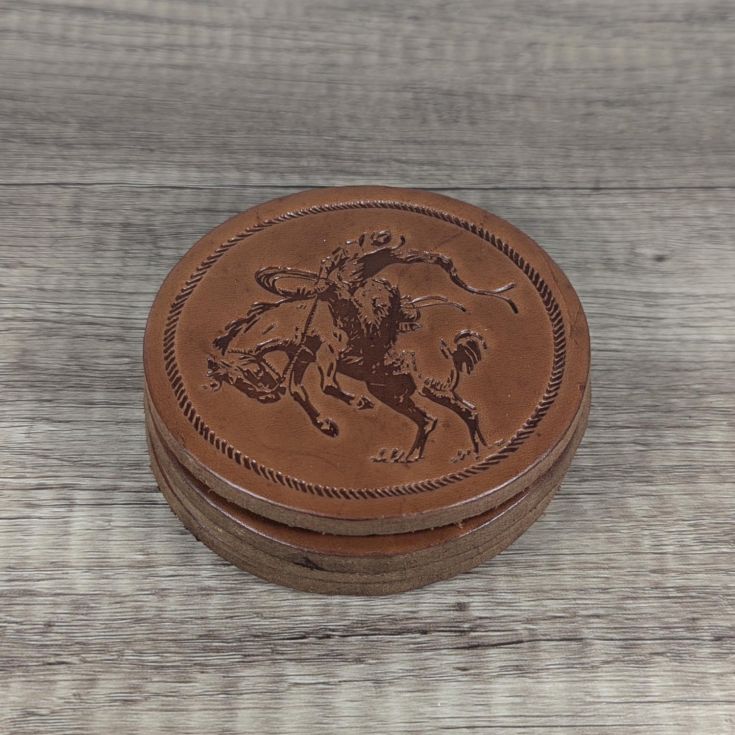 Bucking Horse Leather Coasters - Set of 4 Handmade Embossed Coasters with Rope Border