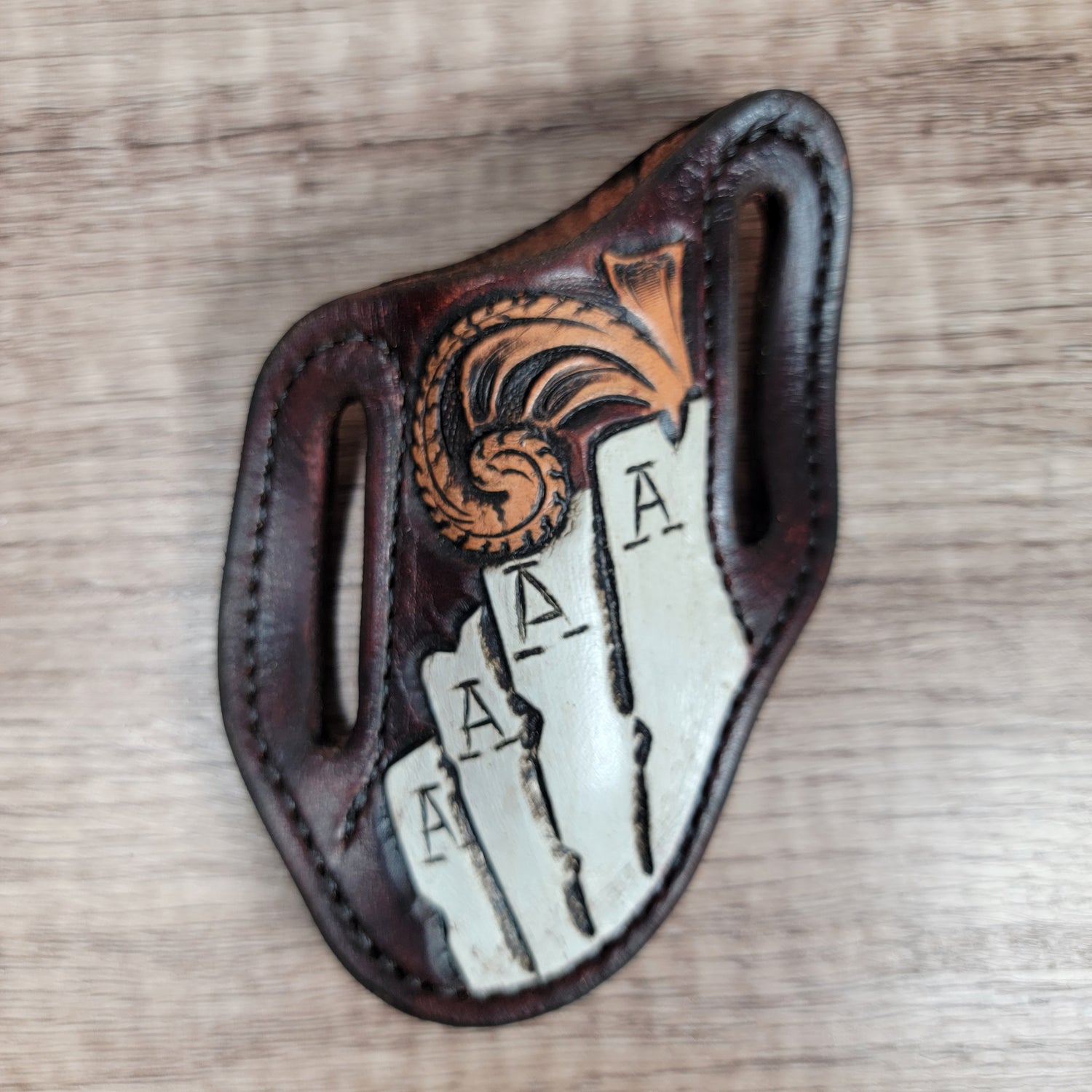 Hand Tooled 4 Aces with Dark Brown Background Sheath - In Stock