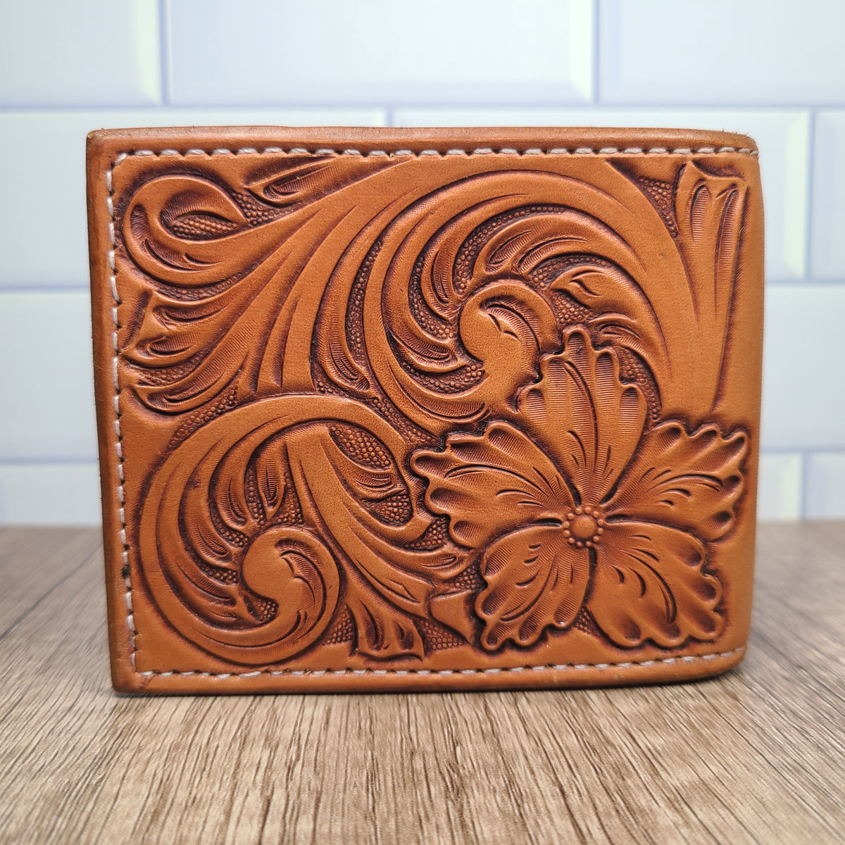 Lady Silhouette and Floral Tooled Leather Wallet - In Stock