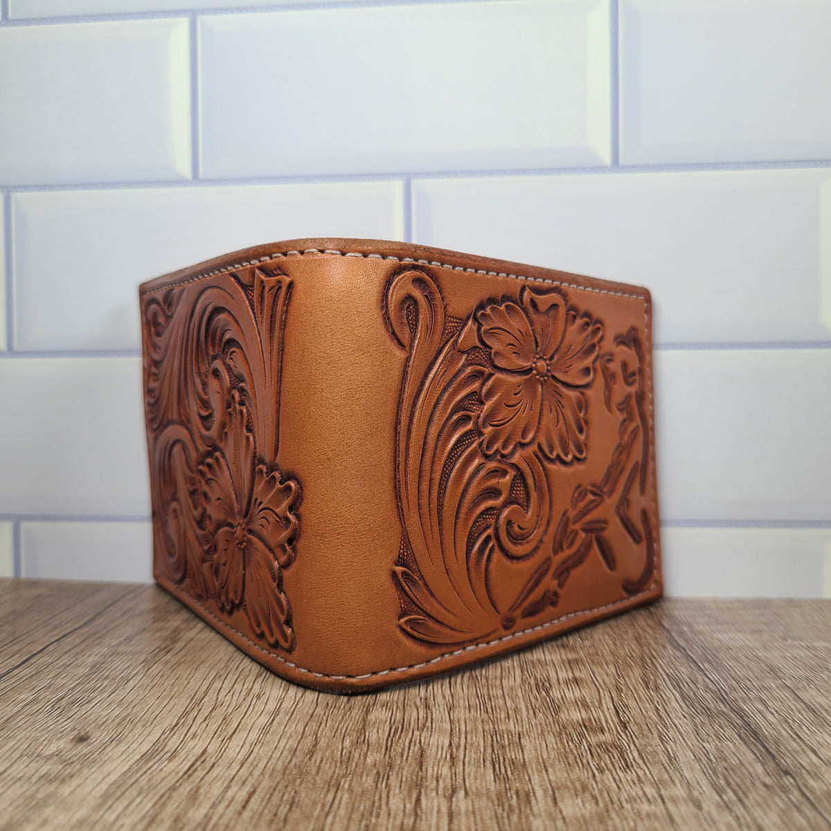 Lady Silhouette and Floral Tooled Leather Wallet - In Stock