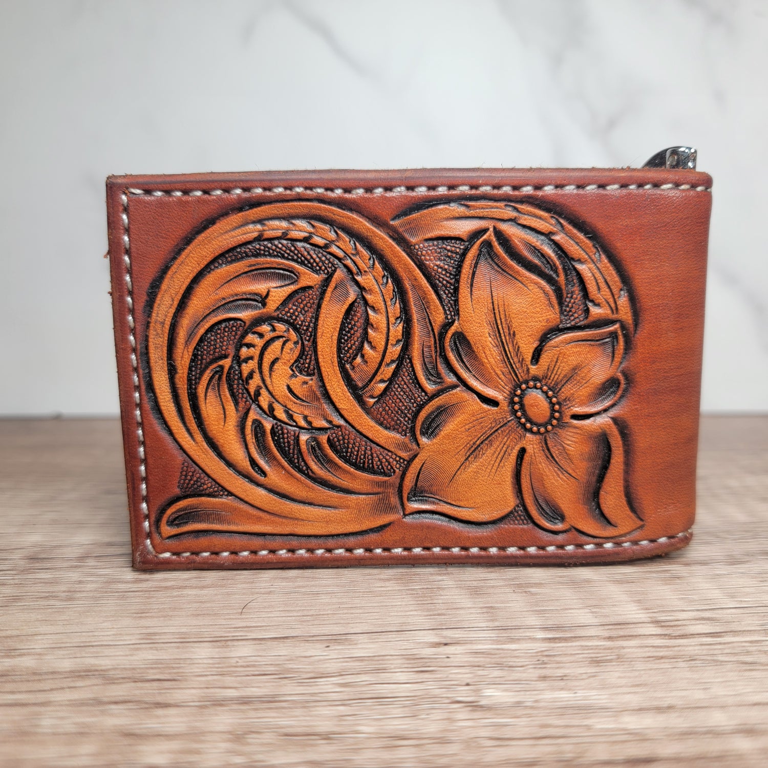 Slim Bi-fold Money Clip Front Pocket Floral Tooled Leather Wallet In-Stock