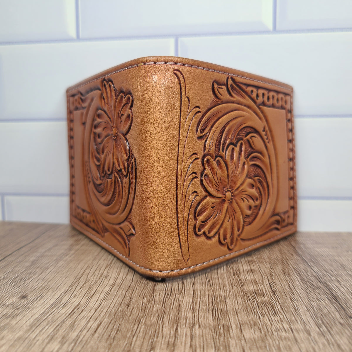 Floral Tooled and Geometric Border Leather Bi-Fold Wallet In-Stock