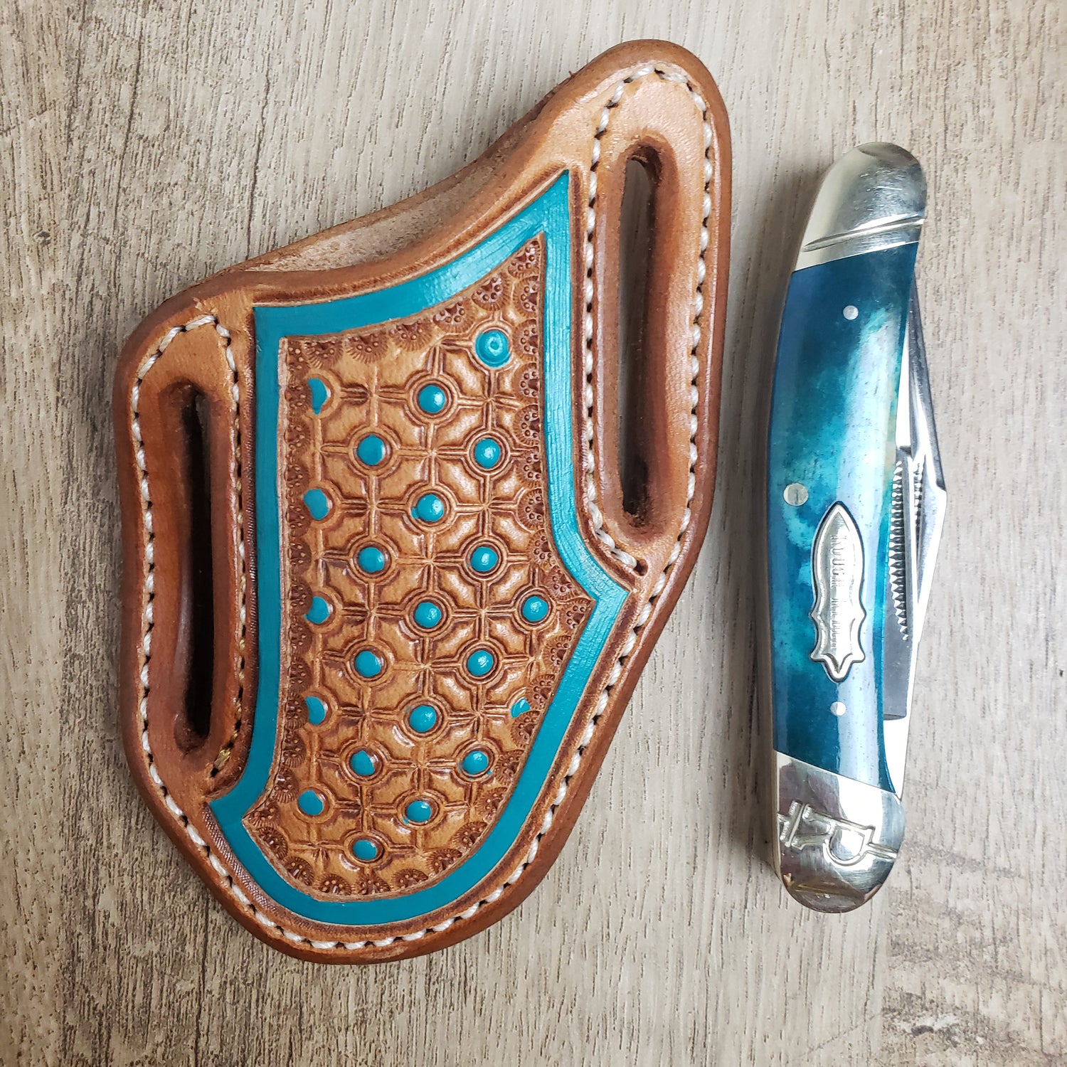 Geometric Dot Stamped Turquoise Sheath and Knife