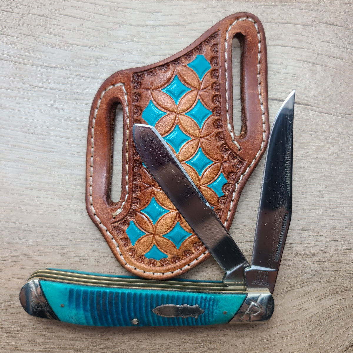 Geometric Stamped Turquoise Sheath and Knife