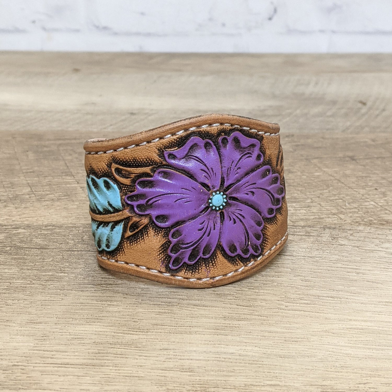 Purple flower leather cuff bracelet