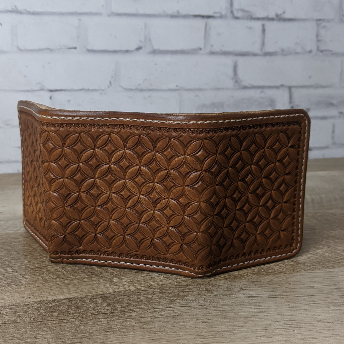 leather trifold wallet geometric stamped with 5 card slots