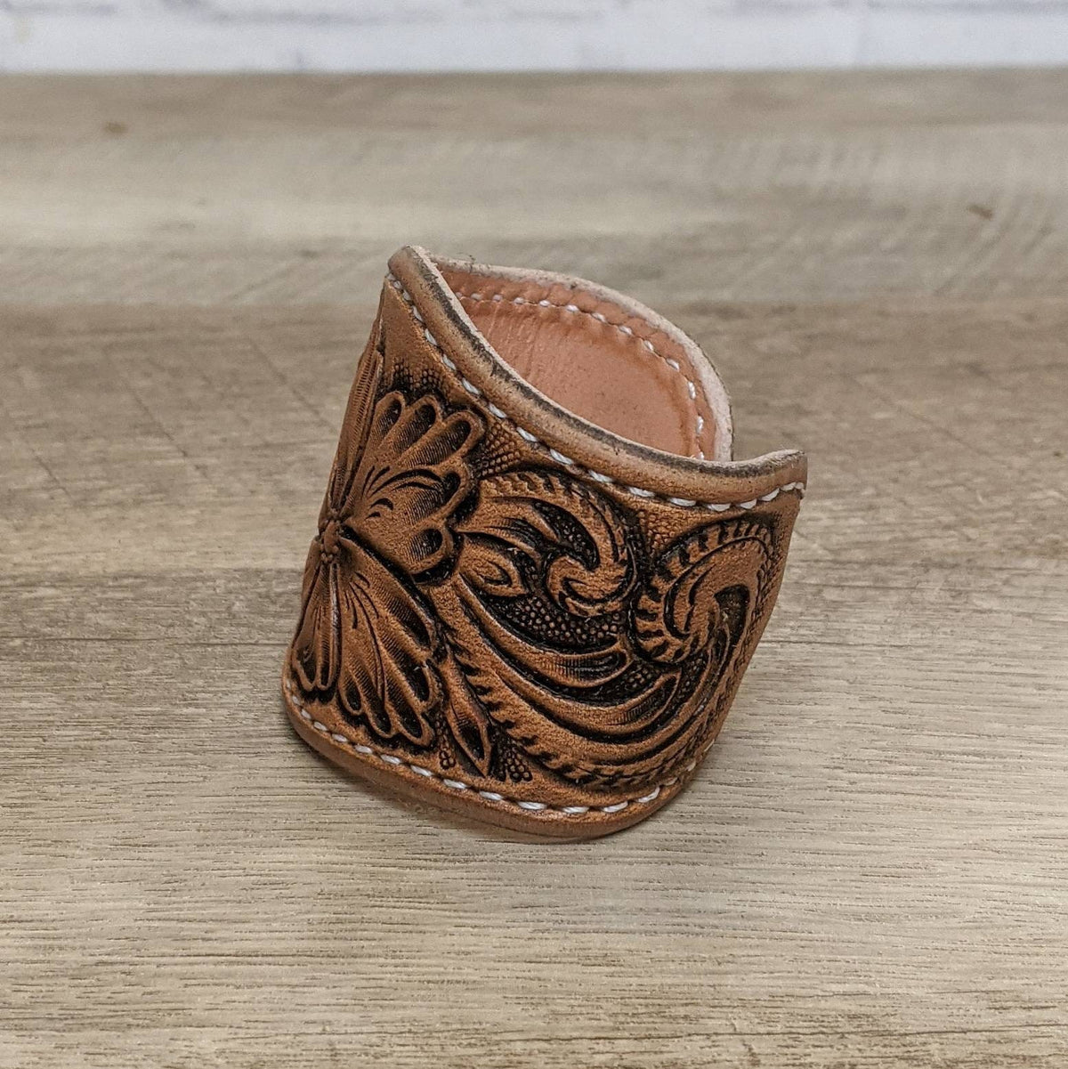 Hand Tooled Leather Cuff Bracelet with Floral Design
