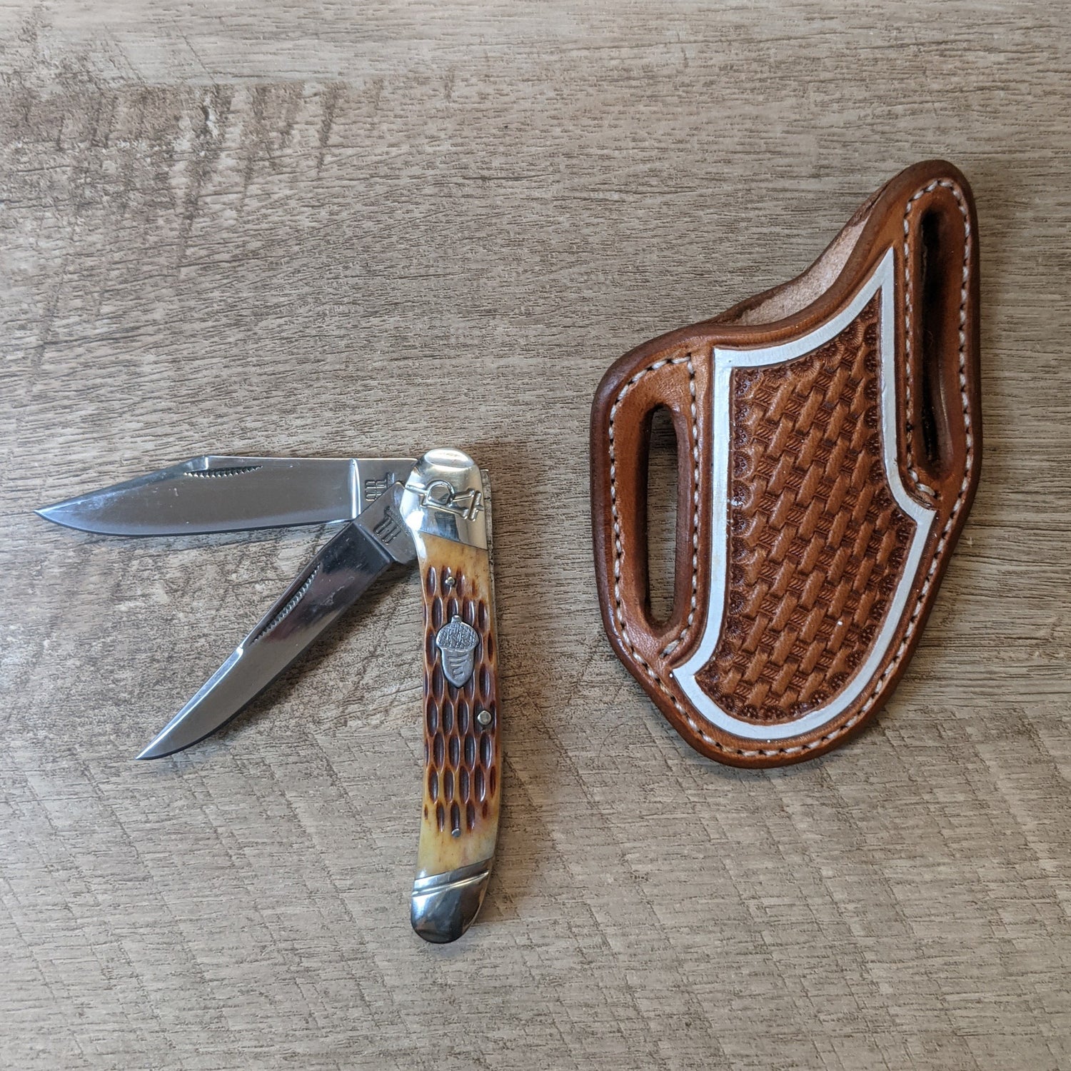 Stag handled Rough Rider Trapper with Leather Basket Stamped Pancake Style sheath
