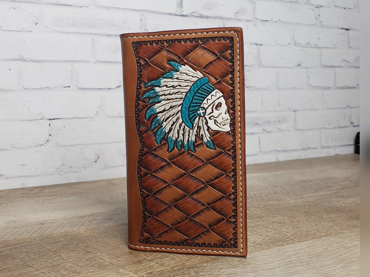 Tall leather roper wallet with weave tooled pattern and turquoise skull and headdress