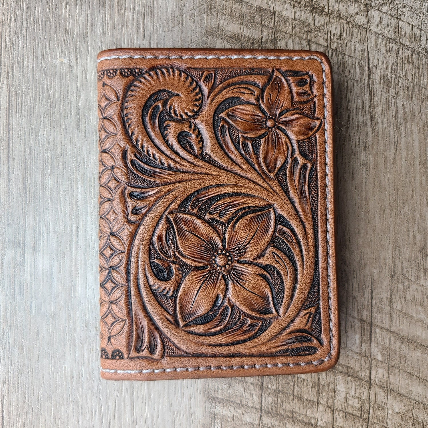 Tooled Leather Slim Bi-Fold Card Wallet - In Stock