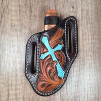Cross and Scroll Hand Tooled Knife Sheath