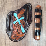 Cross and Scroll Hand Tooled Knife Sheath