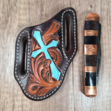 Cross and Scroll Hand Tooled Knife Sheath
