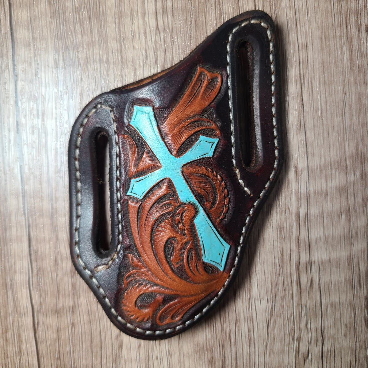 Cross and Scroll Hand Tooled Knife Sheath
