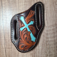 Cross and Scroll Hand Tooled Knife Sheath