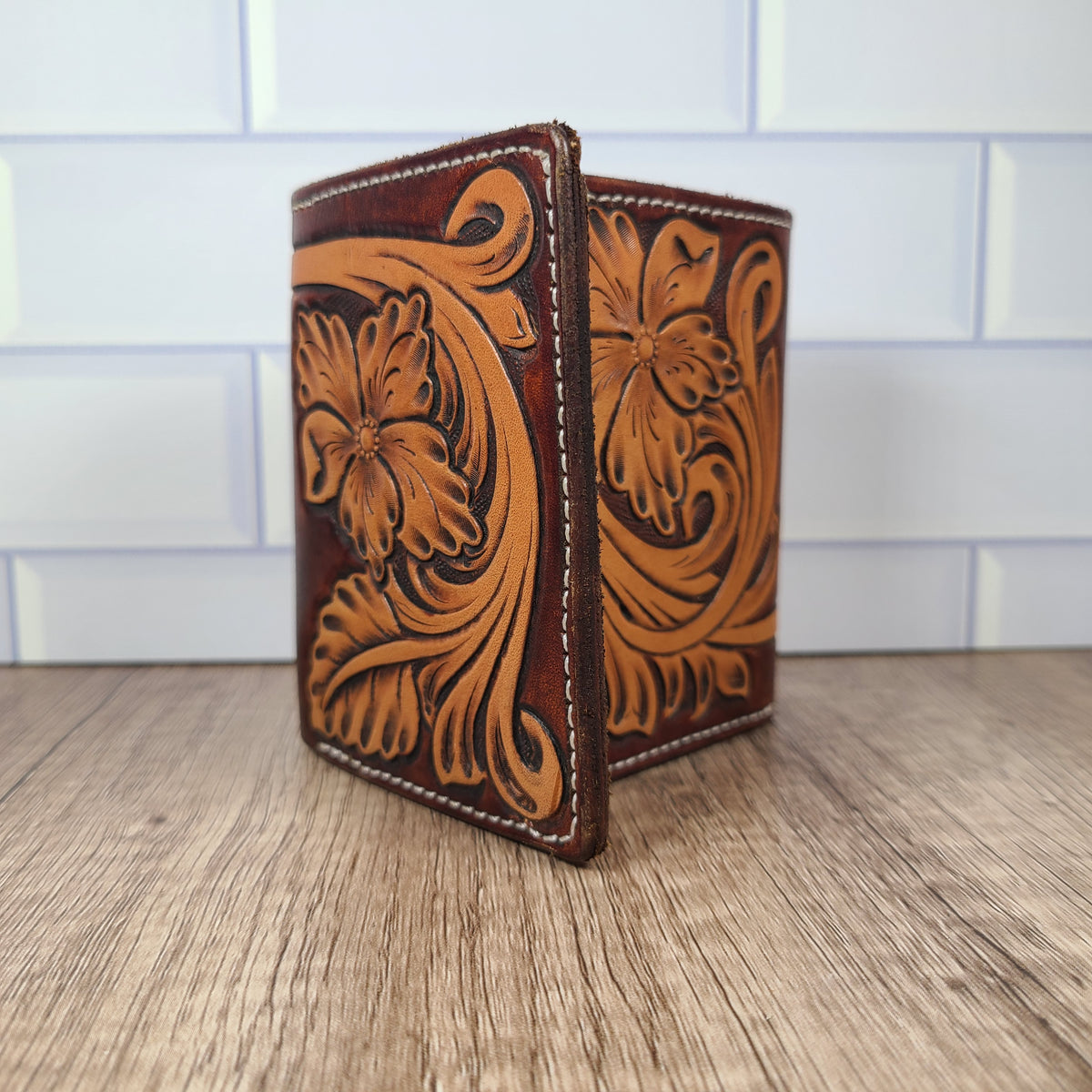 Leather Tri-Fold Floral Wallet - In Stock