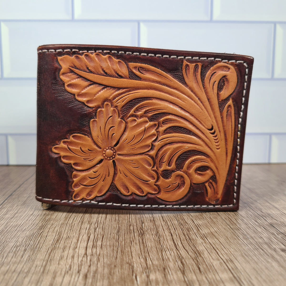 Bi-fold Floral Tooled Leather Wallet with Chocolate Brown Background In-Stock