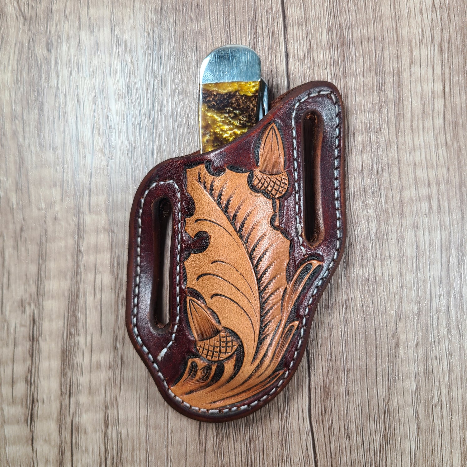 Oak Leaf Tooled Leather Scabbard with Case Knife