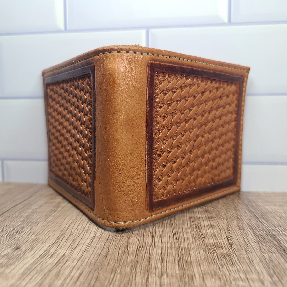 Basket Stamped Bi-fold Leather Wallet - In Stock