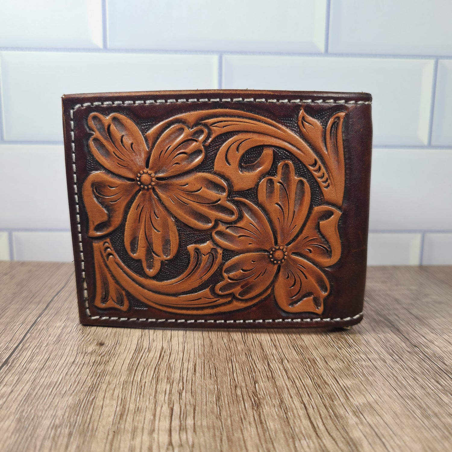 Floral Tooled Leather Wallet with Chocolate Brown Background In-Stock