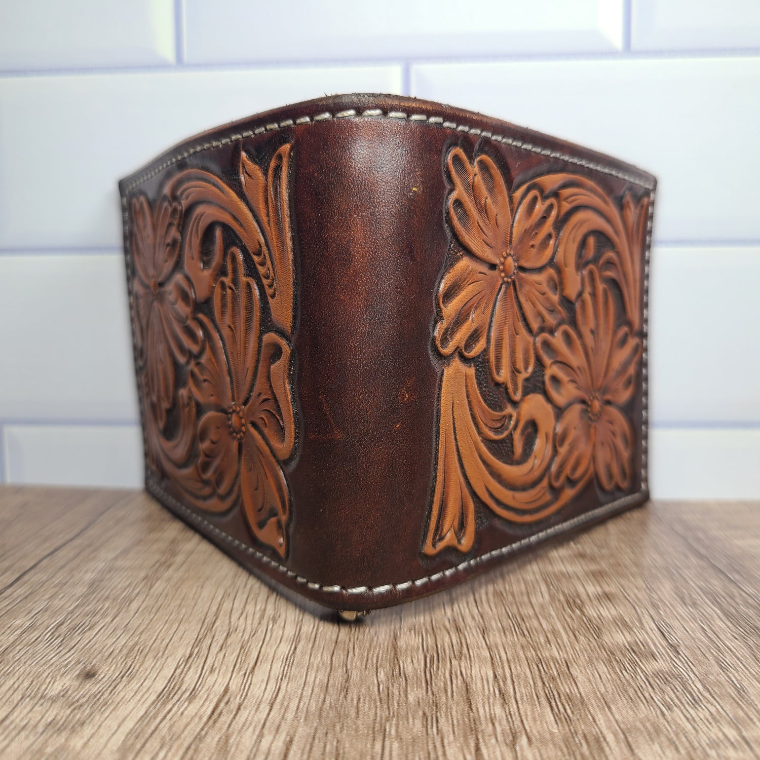 Floral Tooled Leather Wallet with Chocolate Brown Background In-Stock