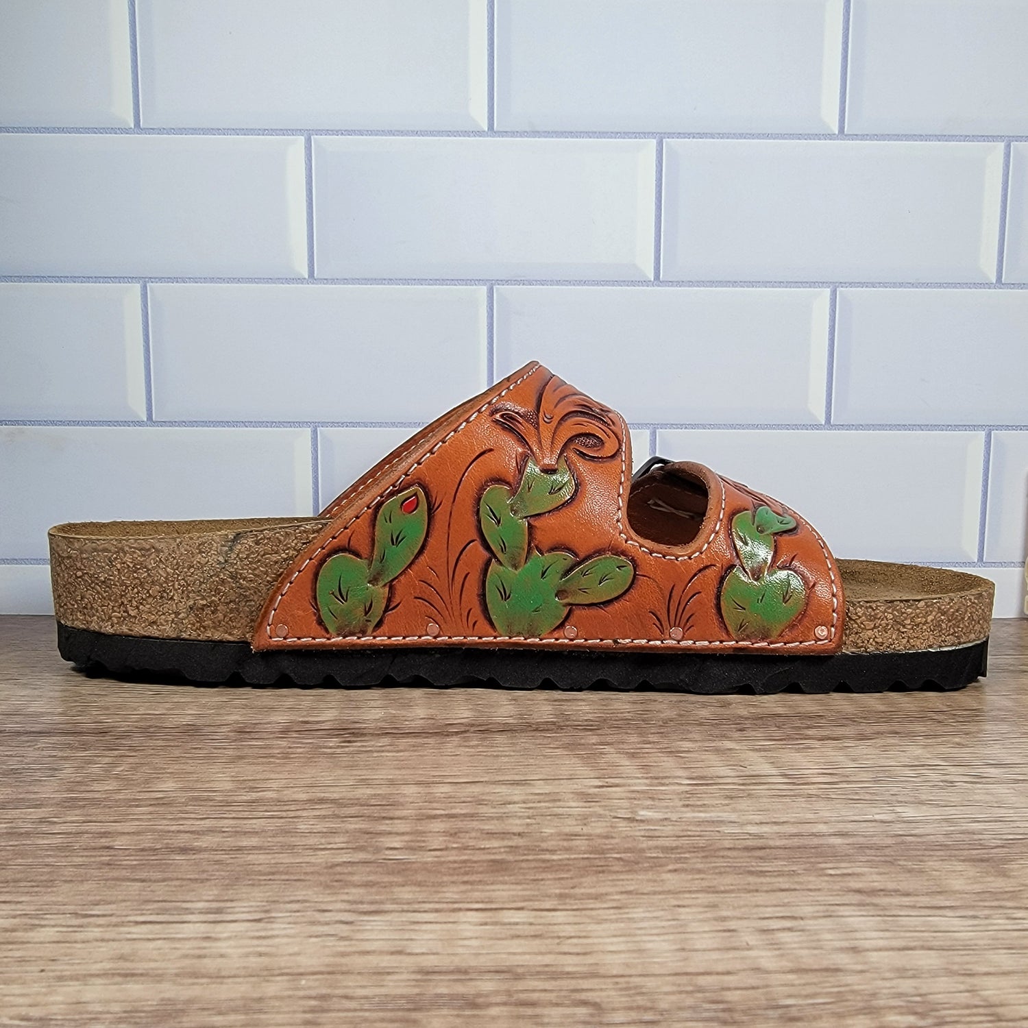 Floral with Desert Design Tooled Leather Sandal - In Stock