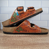 Floral with Desert Cactus Design Tooled Leather Sandal - In Stock