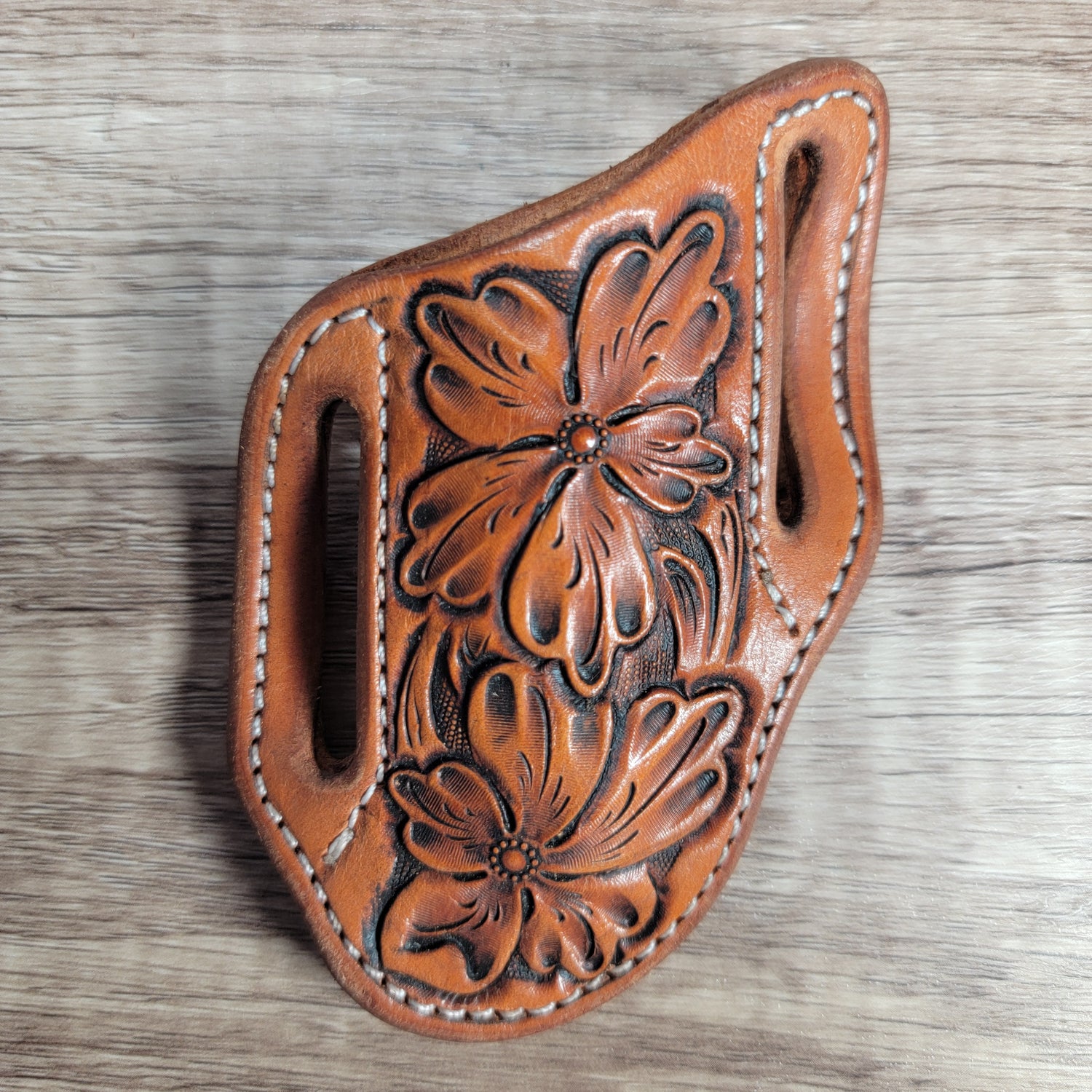 Floral Tooled Leather Pancake Style Trapper Sheath - In Stock