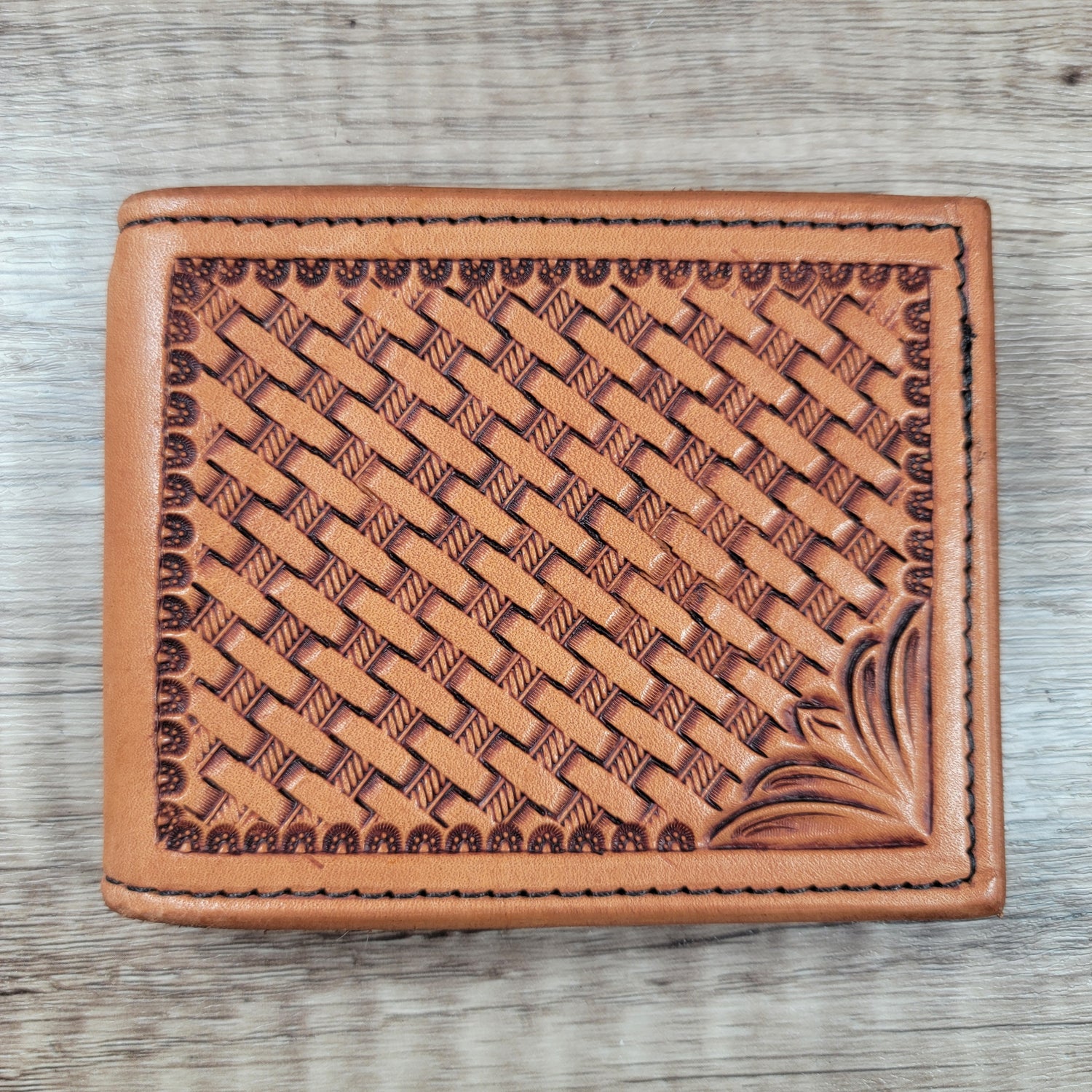Bi-fold Money Clip Basket Stamped Leather Wallet In-Stock