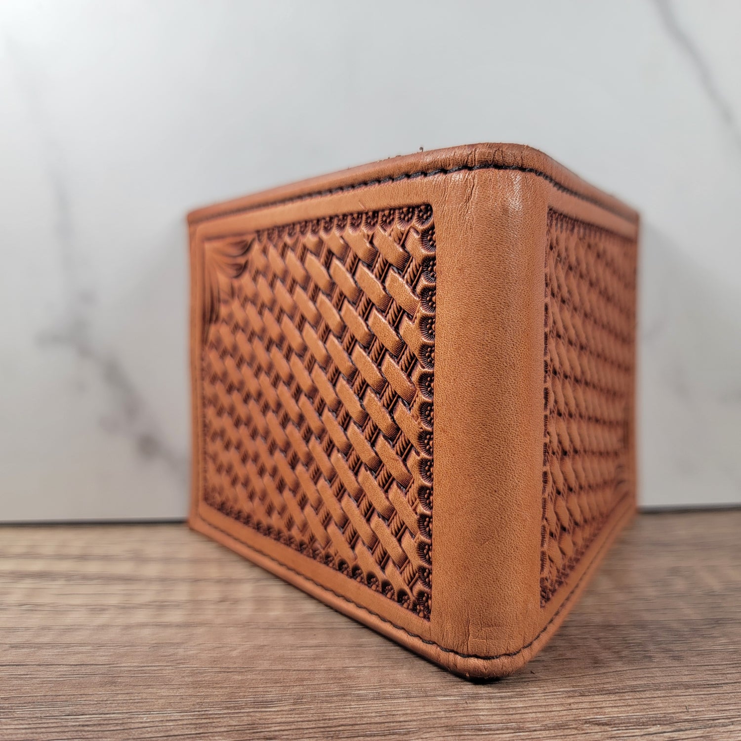 Bi-fold Money Clip Basket Stamped Leather Wallet In-Stock