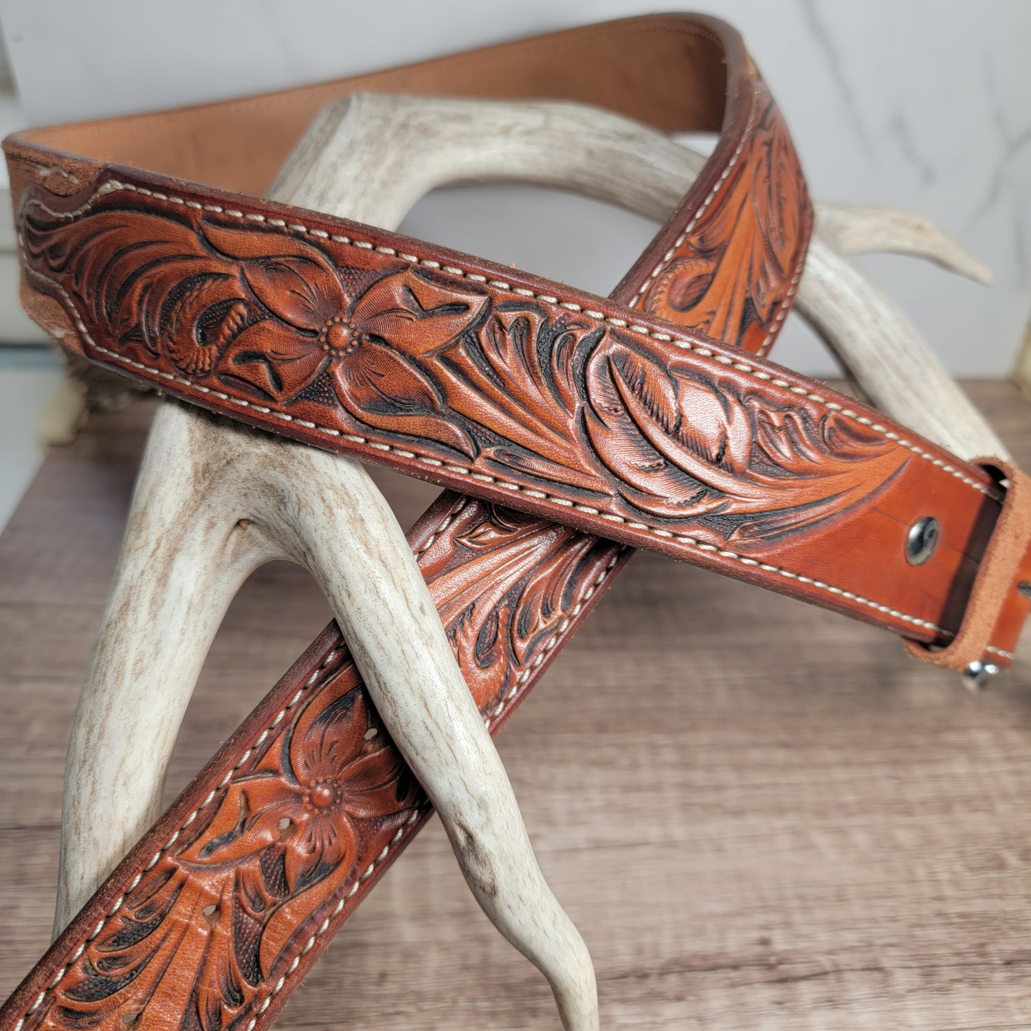 Floral and Rough Out with Decorative Stitch Leather Belt - In Stock