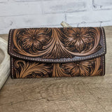 Full Floral Tooled Ladies Leather Clutch Wallet - In Stock