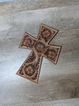 Floral Carved Leather Wall Hanging Cross