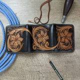 Handmade men's all leather trifold wallet with flower tooled design
